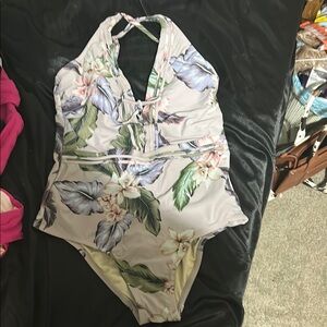 Kona Sol Floral One Piece Swimsuit - Green and Purple